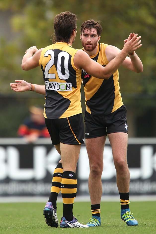 VFL 2016 Rd 02 - Richmond v Footscray MELBOURNE, AUSTRALIA - APRIL 16: Liam Mcbean of Richmond celebrates a goal during the round two VFL match between the Richmond Tigers and the Footscray Bulldogs at Punt Road Oval on April 16, 2016 in Melbourne, Australia. (Photo by Jack Thomas/AFL Media/Getty Images)